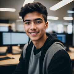 portrait close up of happy young teenage at the working office space, generative AI