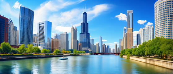Chicago city skyscrapers on the river canal - Powered by Adobe