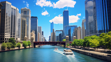 Chicago city skyscrapers on the river canal - obrazy, fototapety, plakaty