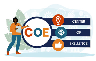COE - Center of Excellence acronym. business concept background. vector illustration concept with keywords and icons. lettering illustration with icons for web banner, flyer - obrazy, fototapety, plakaty