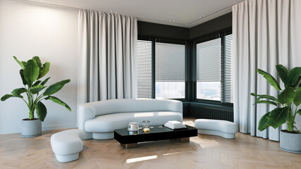 Large luxury modern bright interiors Living room mockup illustration 3D rendering computer digitally generated image
