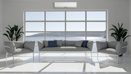 large luxury modern bright interiors living room with air conditioning mockup illustration 3D rendering