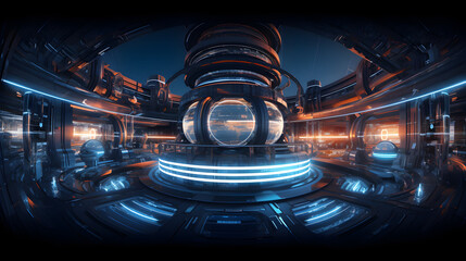 full 360 spherical panorama view of futuristic sci-fi environment with neon lights 3d render illustration hdr hdri vr design. Generative AI - obrazy, fototapety, plakaty