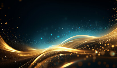 Fototapeta na wymiar Digital Gold Particles Wave and light abstract background with shining floor particle stars dust. Futuristic glittering Luxury golden sparkling on black background. Generative AI.