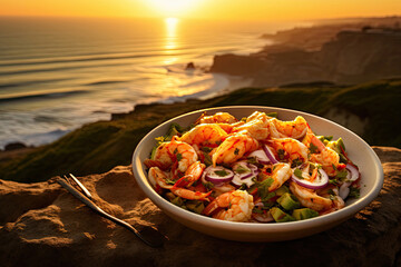 Peruvian ceviche, on a coastal cliff overlooking the ocean