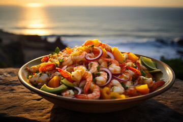 Peruvian ceviche, on a coastal cliff overlooking the ocean