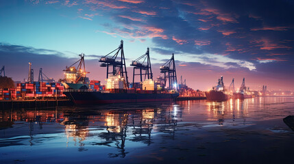 Fototapeta na wymiar cargo ships on a port at a dramatic sunrise in the morning.