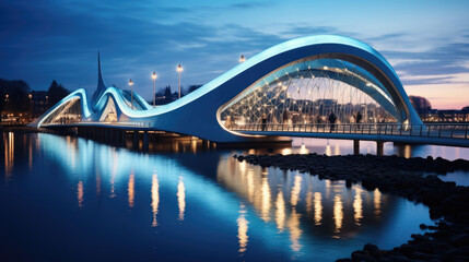A beautifully lit modern bridge at night.