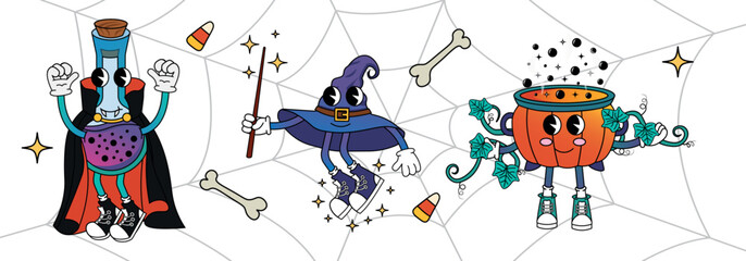 Set of halloween groovy cartoon characters. Potion bottle, witch's hat, witch's cauldron. Modern vector illustration with cute characters wearing gloves
