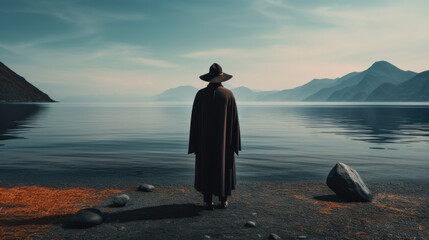 a monk in his seal and hat stands by a lake and looks into the distance, mountains can be seen in the background. - obrazy, fototapety, plakaty