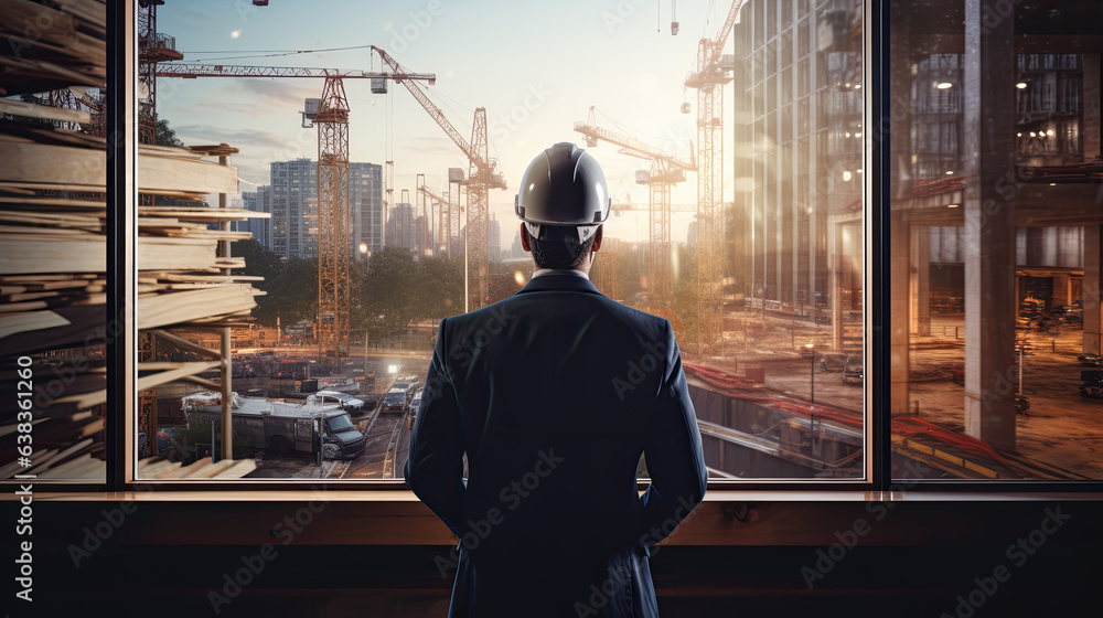 Poster back view of an engineer or architect with a helmet standing in front of his plans and looking at a 