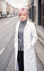 Fototapeta premium photo of asian woman in white lab coat at modern laboratory, generative AI