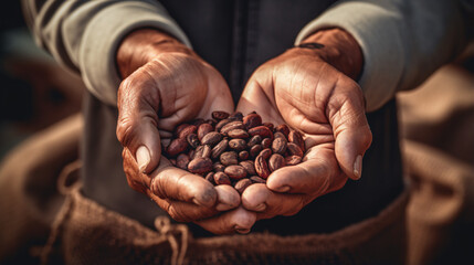 Closeup hands and person holding coffee beans