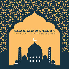 Islamic Ramadan Mubarak Greeting and Wishes with Masjid Illustration and Gold Geometric Shape Pattern Background