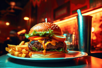American burger, at a retro diner. 