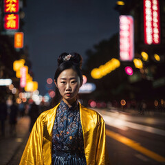 photo of asian woman at street night with light, generative AI