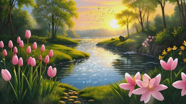 pond with tulip flowers and butterflies in the fantasy park. Cartoon or anime illustration painting style. seamless looping 4K time-lapse virtual video animation background.