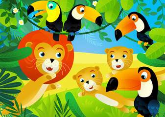 Obraz na płótnie Canvas cartoon scene with jungle and animals being together with tucan bird illustration for children