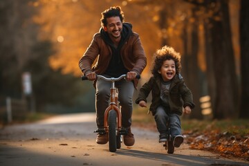 Bonding Bicycle Ride: Joyful Ethnic Father and Son Having Fun. Generative Ai