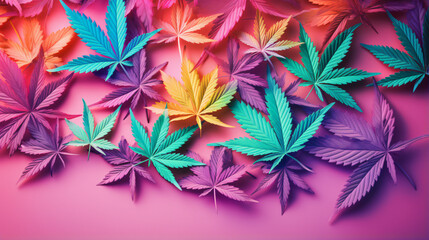 Colourful marijuana cannabis leaves on a pink background - obrazy, fototapety, plakaty