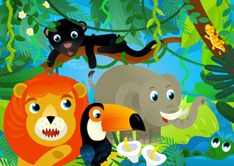 cartoon scene with jungle and animals being together with tucan bird illustration for children