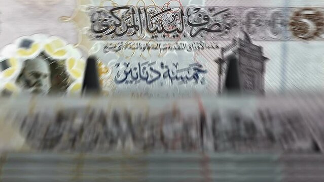 Libyan money Libya Dinar money counting machine with banknotes. Quick 5 LYD currency note down rotation. Business and economy. Concept loopable and seamless background.