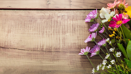 Summer Flowers on wood texture background with copyspace