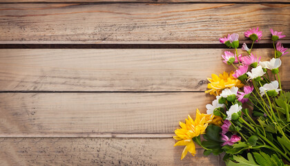 Summer Flowers on wood texture background with copyspace