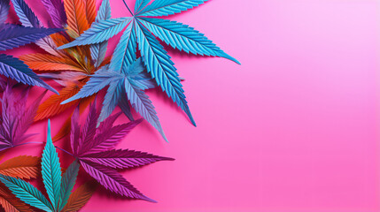 Fototapeta na wymiar Colourful marijuana cannabis leaves on a pink background