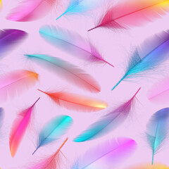 Seamless Repeat Pattern of Colorful Feathers on a Light Background
