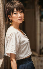 photo of teenage playful asian woman with accessories and mullet hairstyle, generative AI