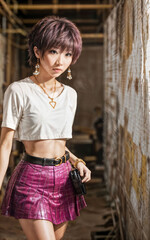 Fototapeta premium photo of teenage playful asian woman with accessories and mullet hairstyle, generative AI
