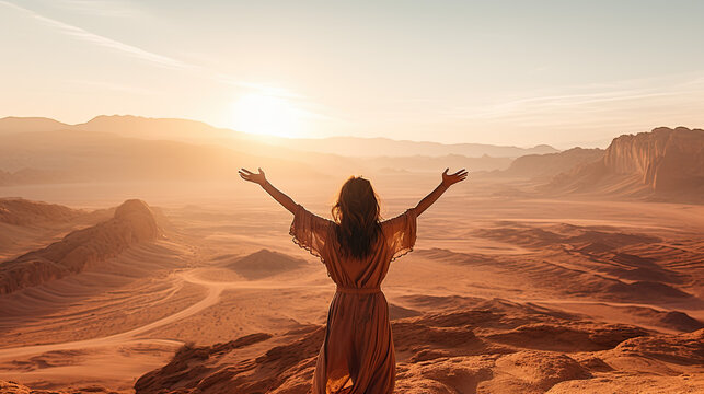 a young pretty woman with long hair stretches her arms up to the sides in front of a desert and looks into the distance.