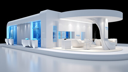 Professional visualization of a large company exhibition stand ready to receive brands and advertisements.