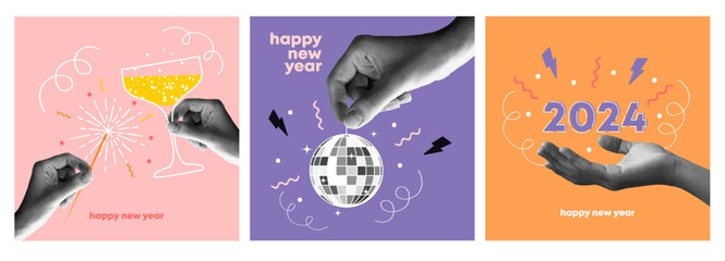 Happy new year 2024 design. With hands holding  disco ball, champagne and sparkler. Colorful collage style illustrations. Vector design for poster, banner, greeting and new year 2024 celebration. - obrazy, fototapety, plakaty