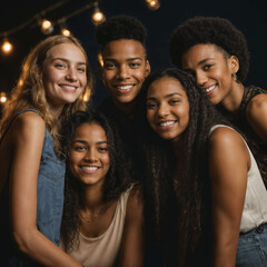 group of happy young teenage at the night party, generative AI