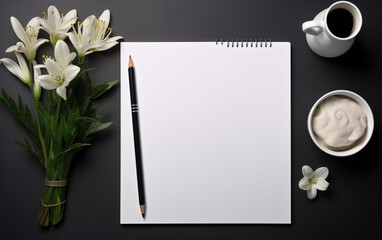 The gray desk with laptop, notepad with blank sheet, pot of flower, stylus and tablet for retouchi