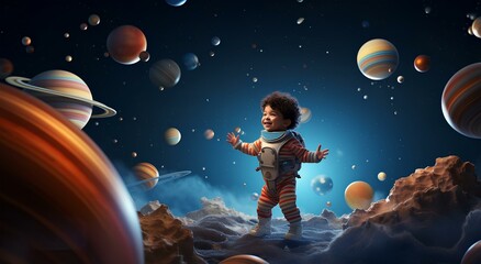Illustration of a fantastic planetarium with a child, with planets and stars, space and galaxies. - obrazy, fototapety, plakaty