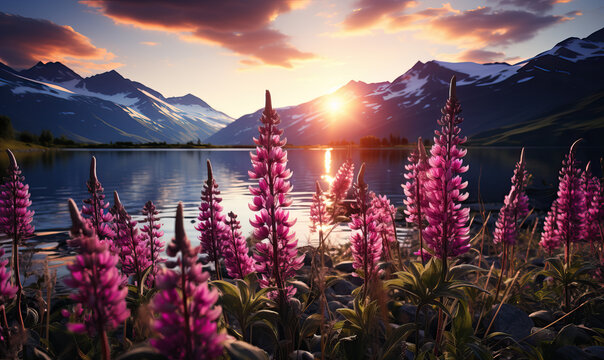 Natural landscape, lupine flowers against the backdrop of mountains.