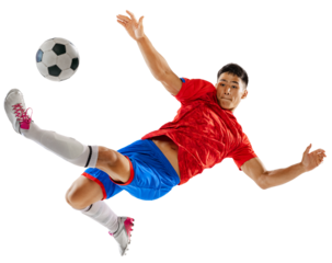 Man, football player in colorful uniform during game, in motion with ball isolated on transparent background