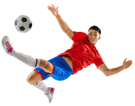 Man, football player in colorful uniform during game, in motion with ball isolated on transparent background