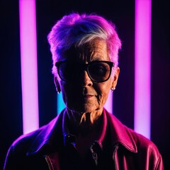 photo of middle aged old woman with with mixed pink and blue neon light, generative AI