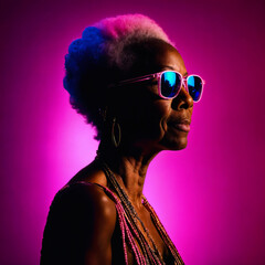 photo of middle aged old African woman with with mixed pink and blue neon light, generative AI