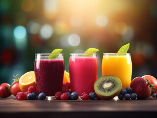 fila di frullati salutari vegani , fragola, mango, mirtillo e kiwi, concetto di salute e cibo vegetale, sfondo sfocato con bokeh, formato banner
