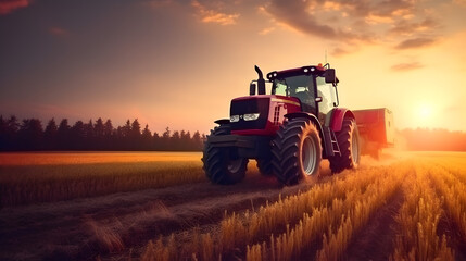 Obraz premium Modern tractor working in a field at sunset, machinery for agriculture harvesting. Generative AI