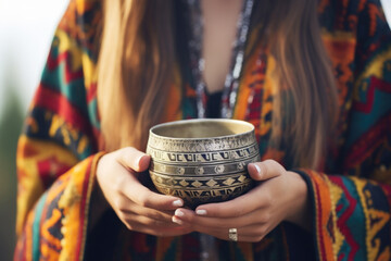 Woman holding a Tibetan singing bowl during meditation and music therapy session