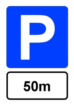 Illustration eines blauen Parkplatzschildes mit der Aufschrift "50m"