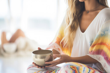 Woman holding a Tibetan singing bowl during meditation and music therapy session