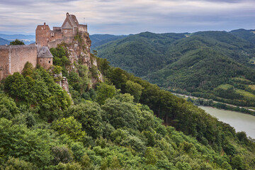 Wachau valley and Danube river. Aggstein picturesque castle. Austrian landmark