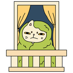 Window with cat covering blanket cartoon illustration